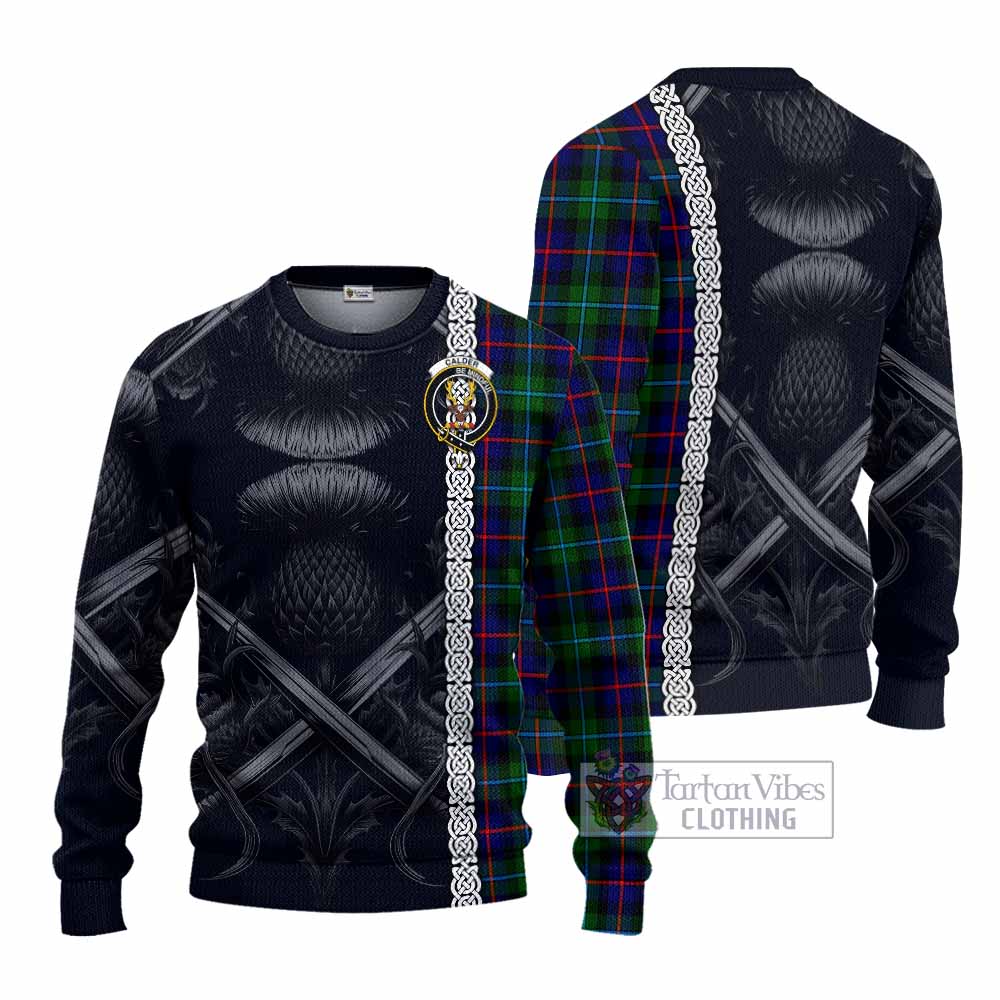 Calder Tartan Knitted Sweater with Family Crest Cross Sword Thistle Celtic Vibes - Tartan Vibes Clothing