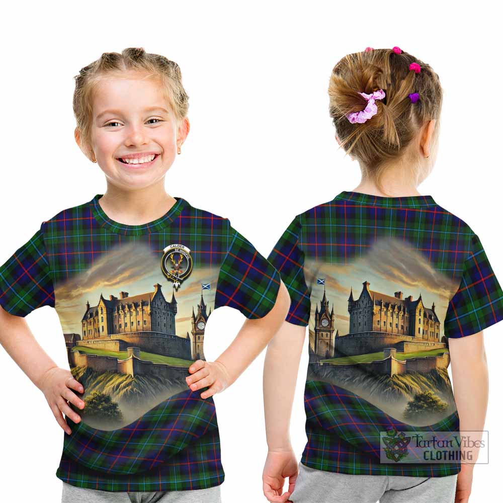 Calder Tartan Family Crest Kid T-Shirt with Scottish Ancient Castle Style - Tartan Vibes Clothing