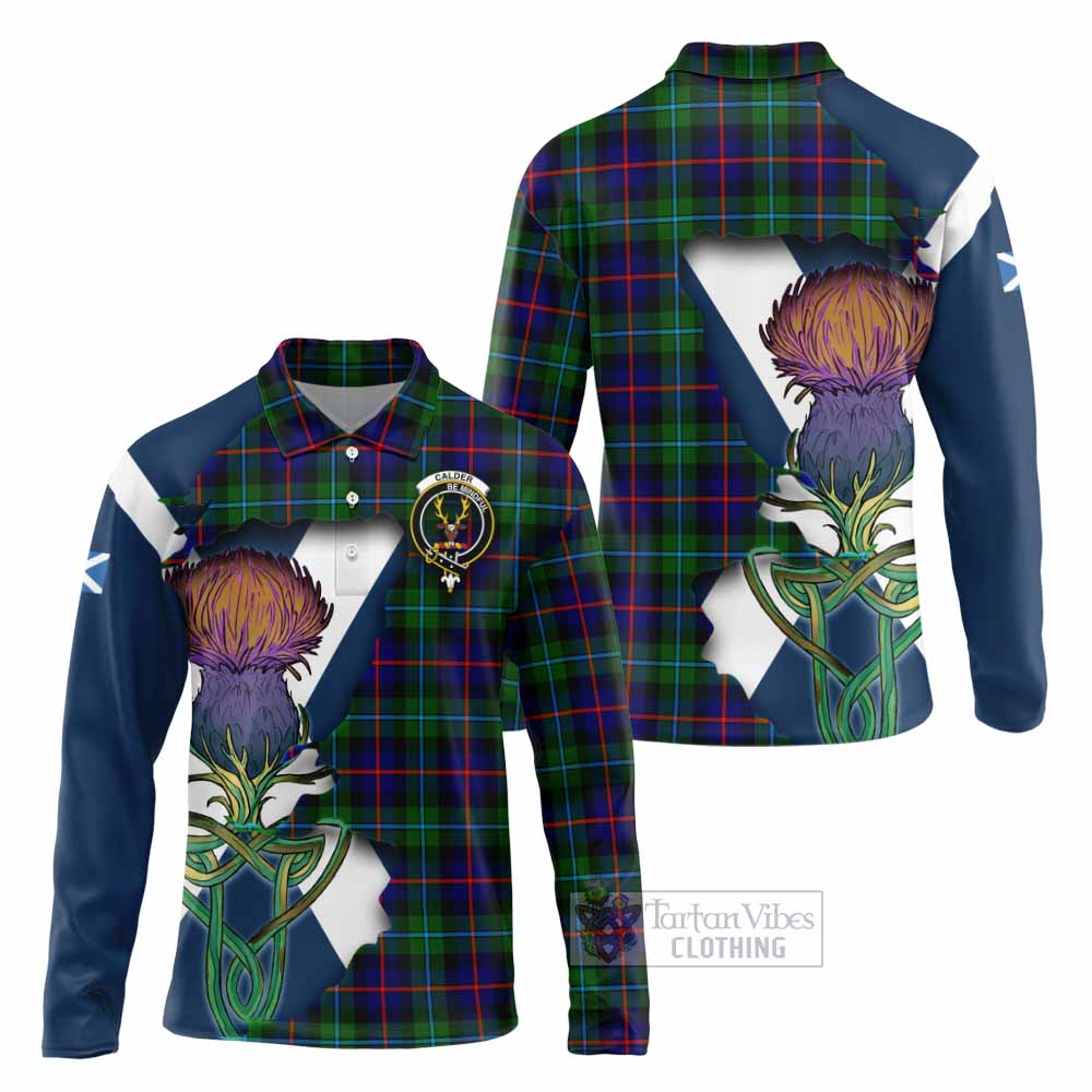 Tartan Vibes Clothing Calder Tartan Family Crest Long Sleeve Polo Shirt Scottish Thistle Celtic Inspired