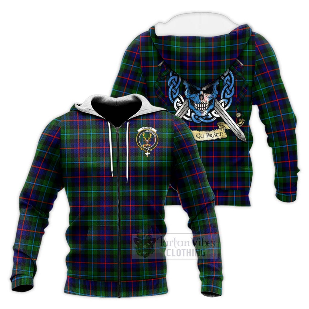 Calder Tartan Knitted Hoodie with Family Crest Celtic Skull Style Unisex Knitted Zip Hoodie - Tartan Vibes Clothing