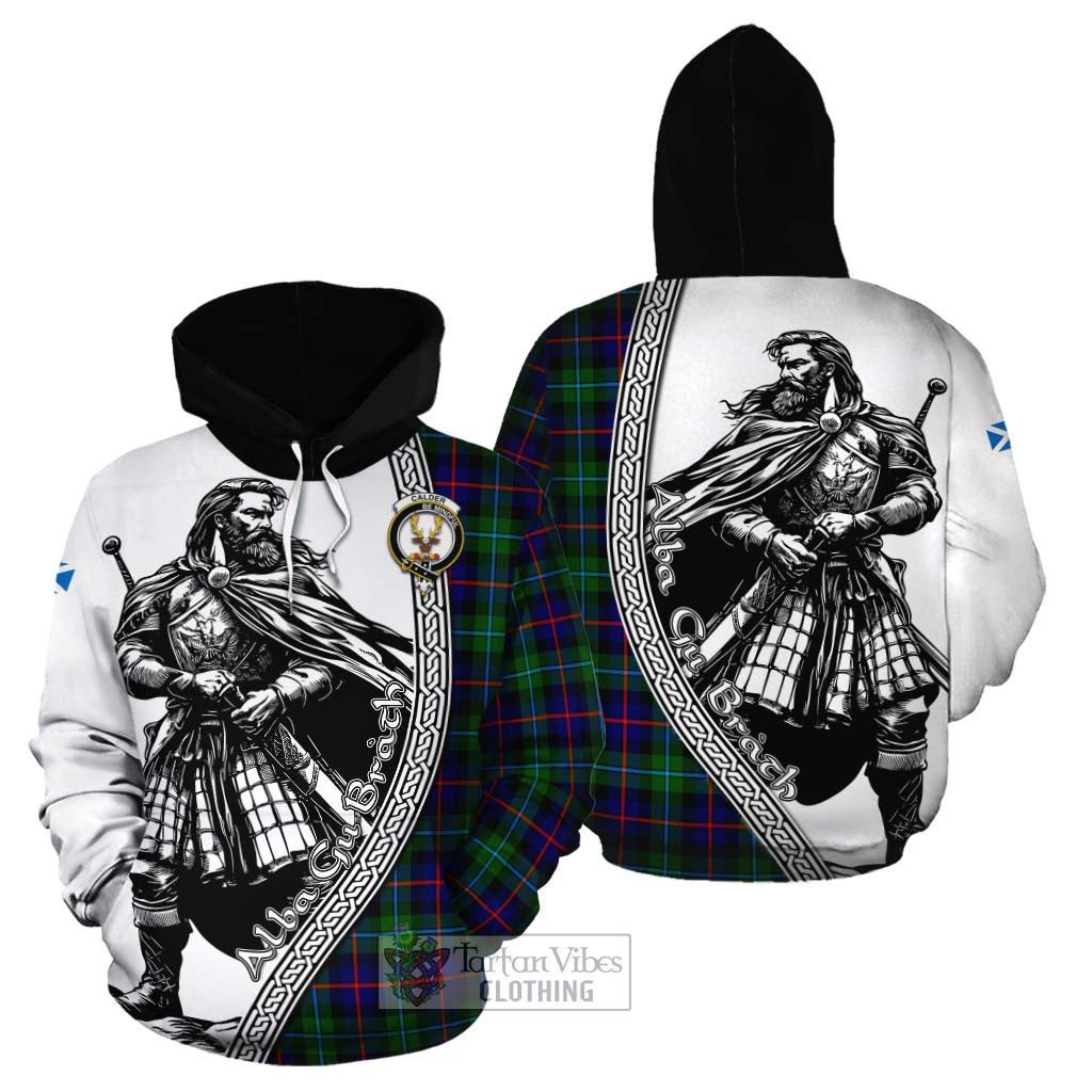 Tartan Vibes Clothing Calder Tartan Clan Crest Cotton Hoodie with Highlander Warrior Celtic Style