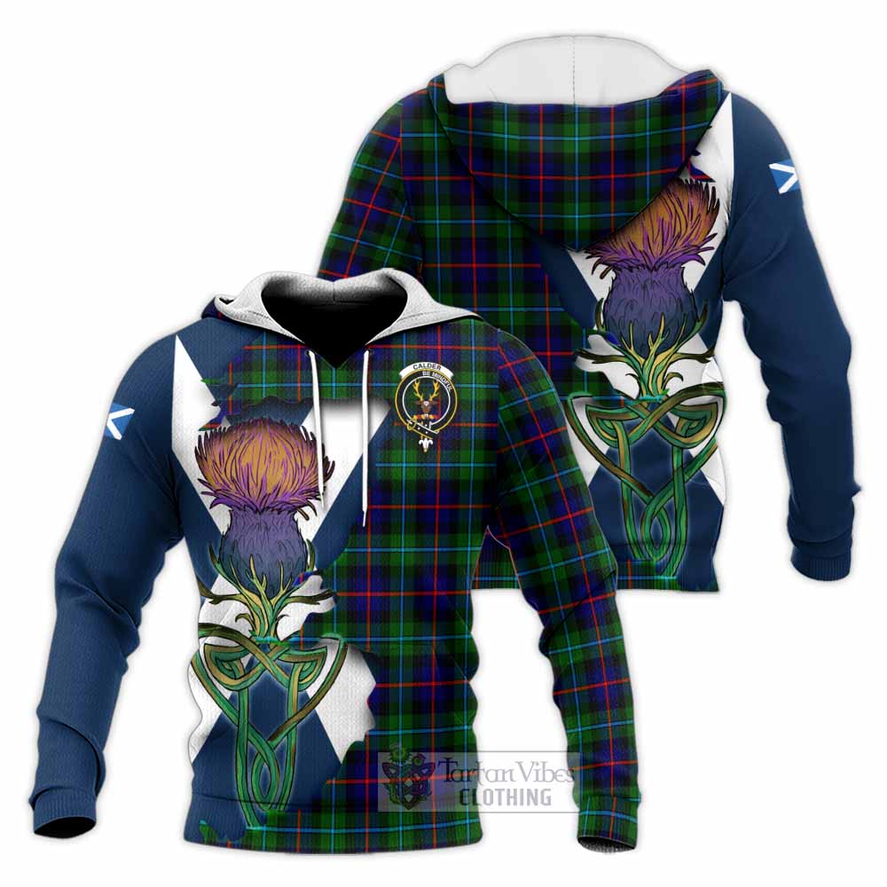 Calder Tartan Family Crest Knitted Hoodie Scottish Thistle Celtic Inspired - Tartan Vibes Clothing