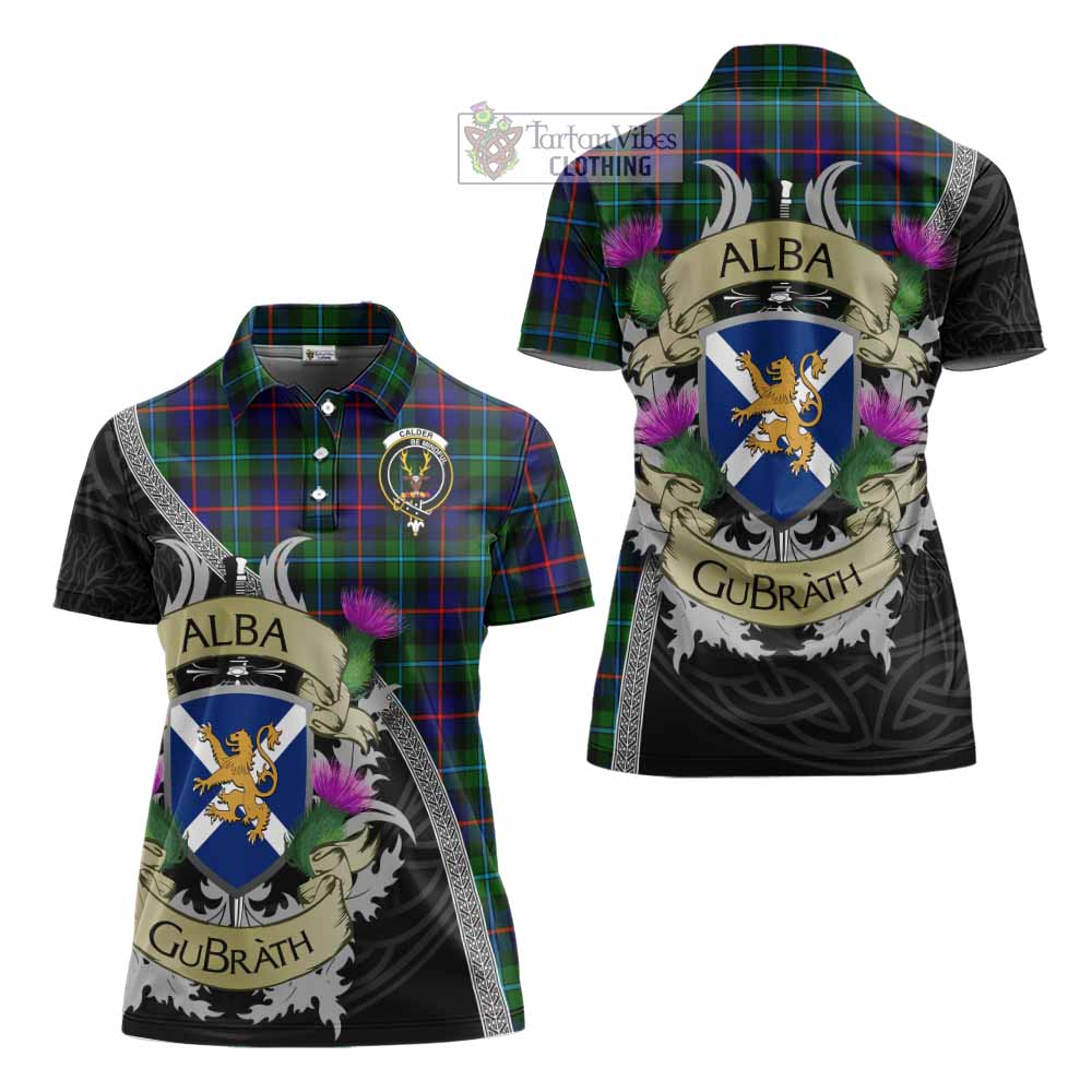 Tartan Vibes Clothing Calder Tartan Family Crest Women's Polo Shirt Lion Rampant Royal Thistle Shield Celtic Inspired