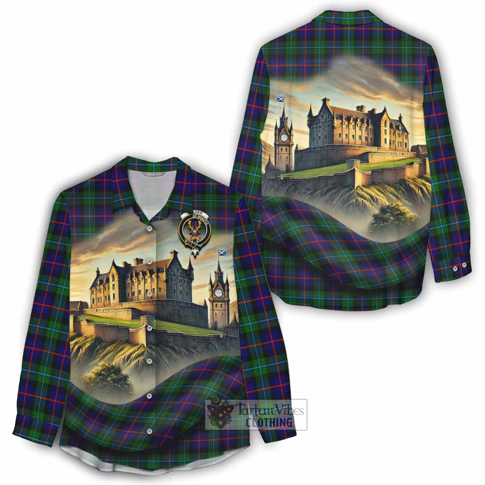 Calder Tartan Family Crest Women's Casual Shirt with Scottish Ancient Castle Style - Tartan Vibes Clothing