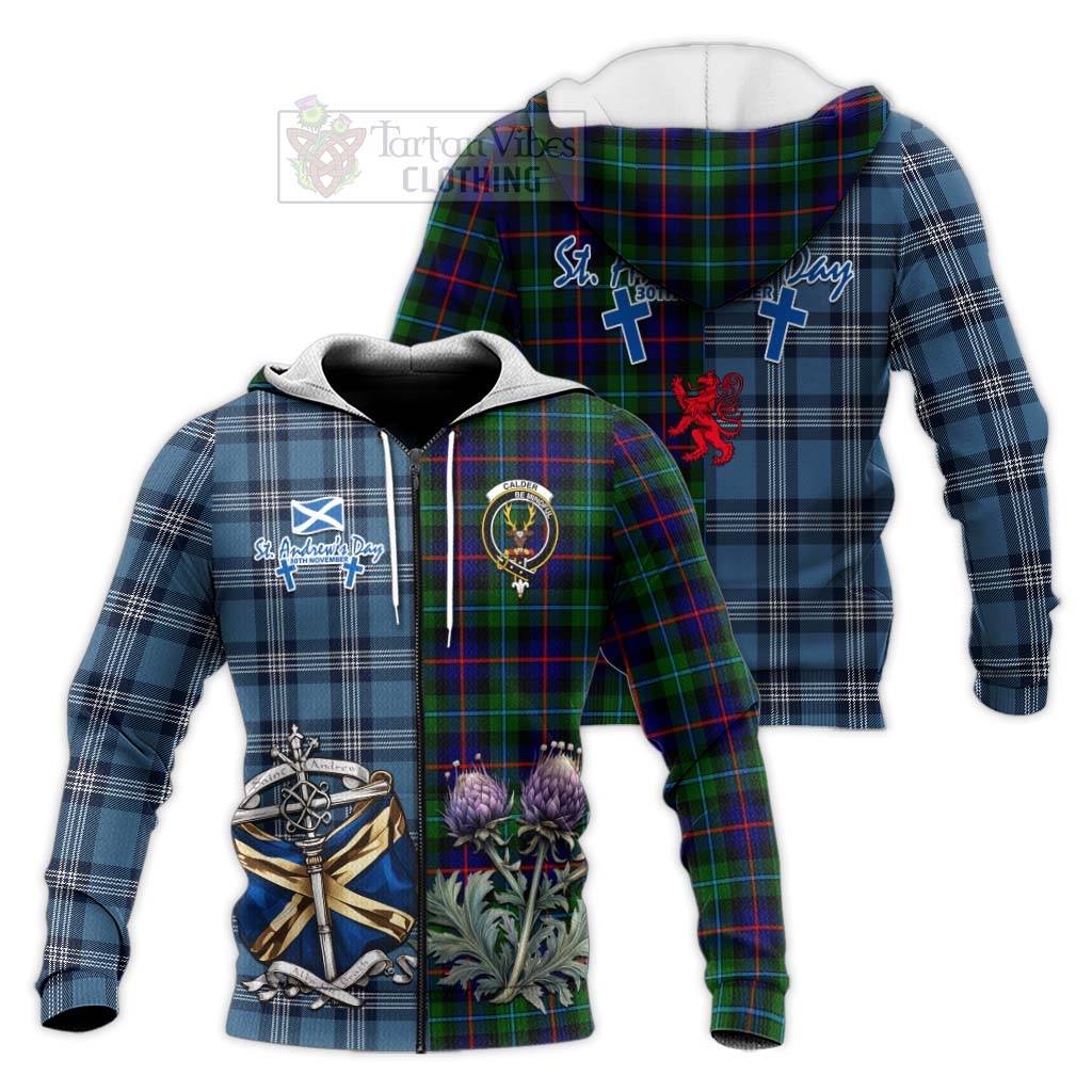 Calder Tartan Knitted Hoodie Happy St. Andrew's Day Half Tartan Style Unisex Knitted Zip Hoodie - Tartan Vibes Clothing