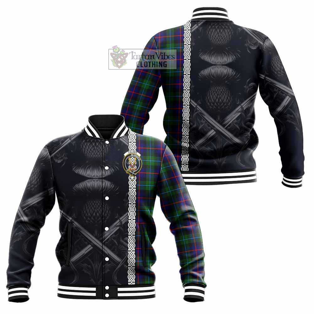 Calder Tartan Baseball Jacket with Family Crest Cross Sword Thistle Celtic Vibes - Tartan Vibes Clothing