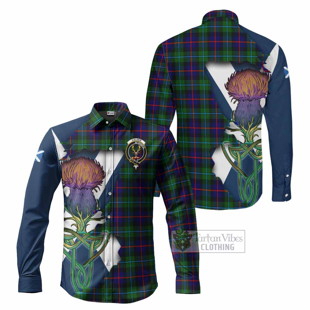 Tartan Vibes Clothing Calder Tartan Family Crest Long Sleeve Button Shirt Scottish Thistle Celtic Inspired