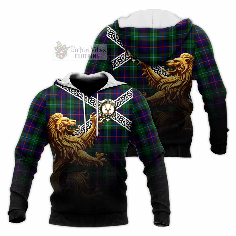 Tartan Vibes Clothing Calder Crest Tartan Knitted Hoodie with Golden Lion Emblem Celtic Style