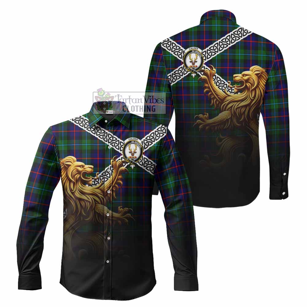 Tartan Vibes Clothing Calder Crest Tartan Long Sleeve Button Shirt with Golden Lion Emblem Celtic Style