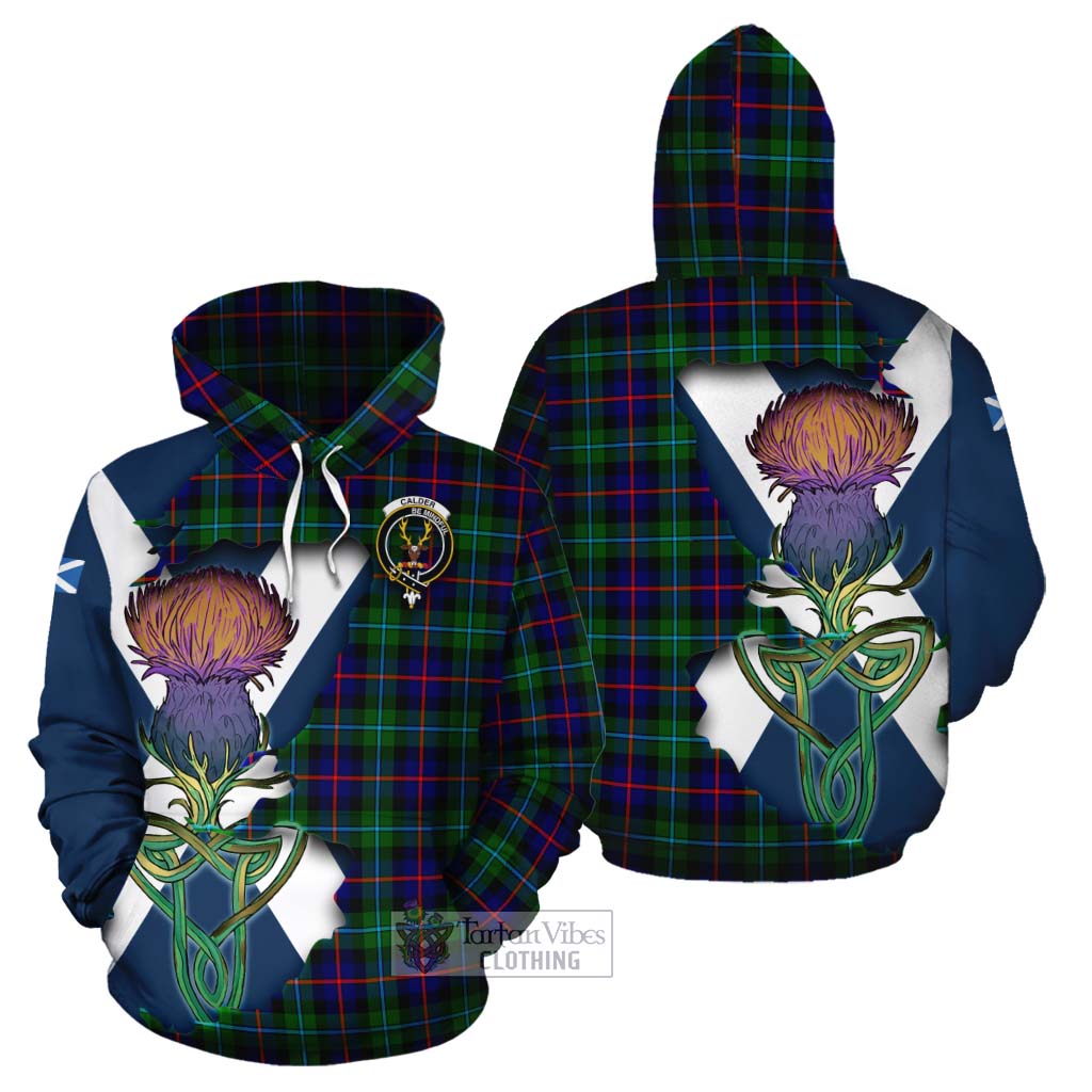 Tartan Vibes Clothing Calder Tartan Family Crest Cotton Hoodie Scottish Thistle Celtic Inspired