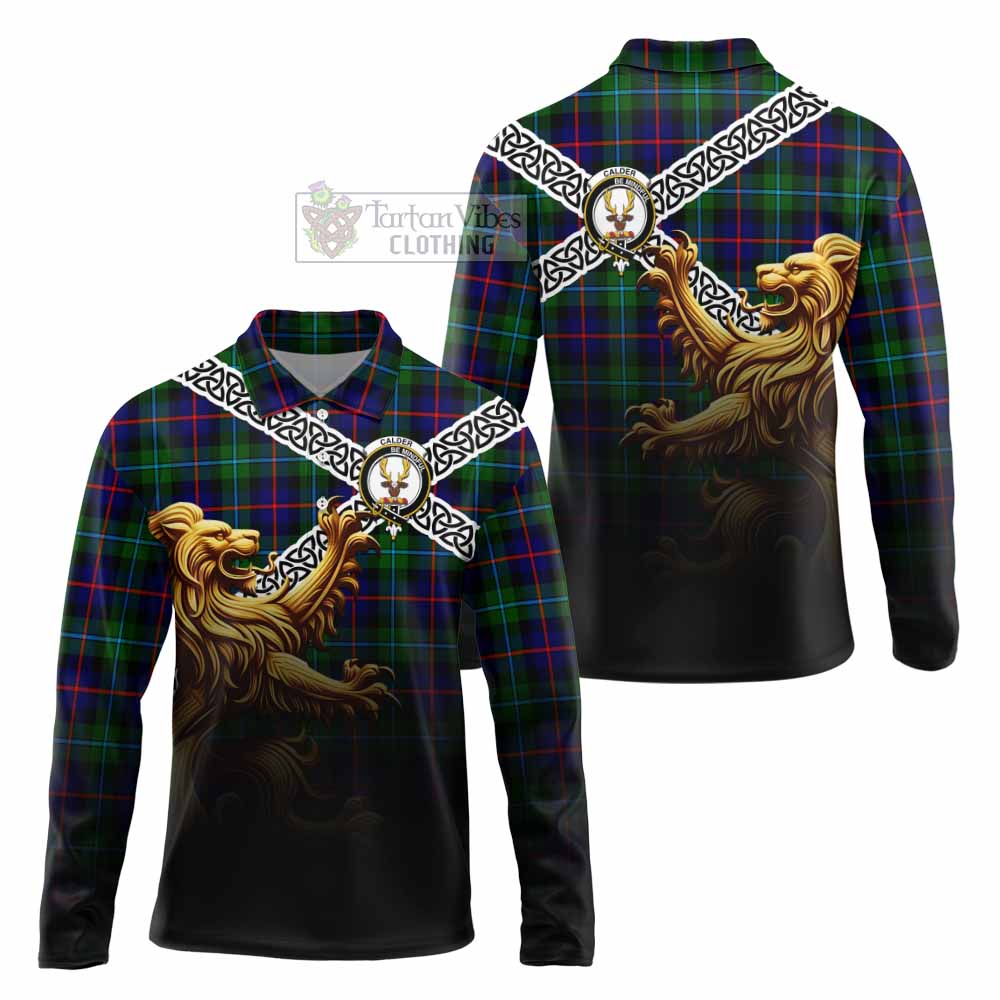 Calder Crest Tartan Long Sleeve Polo Shirt with Golden Lion Emblem Celtic Style - Tartan Vibes Clothing