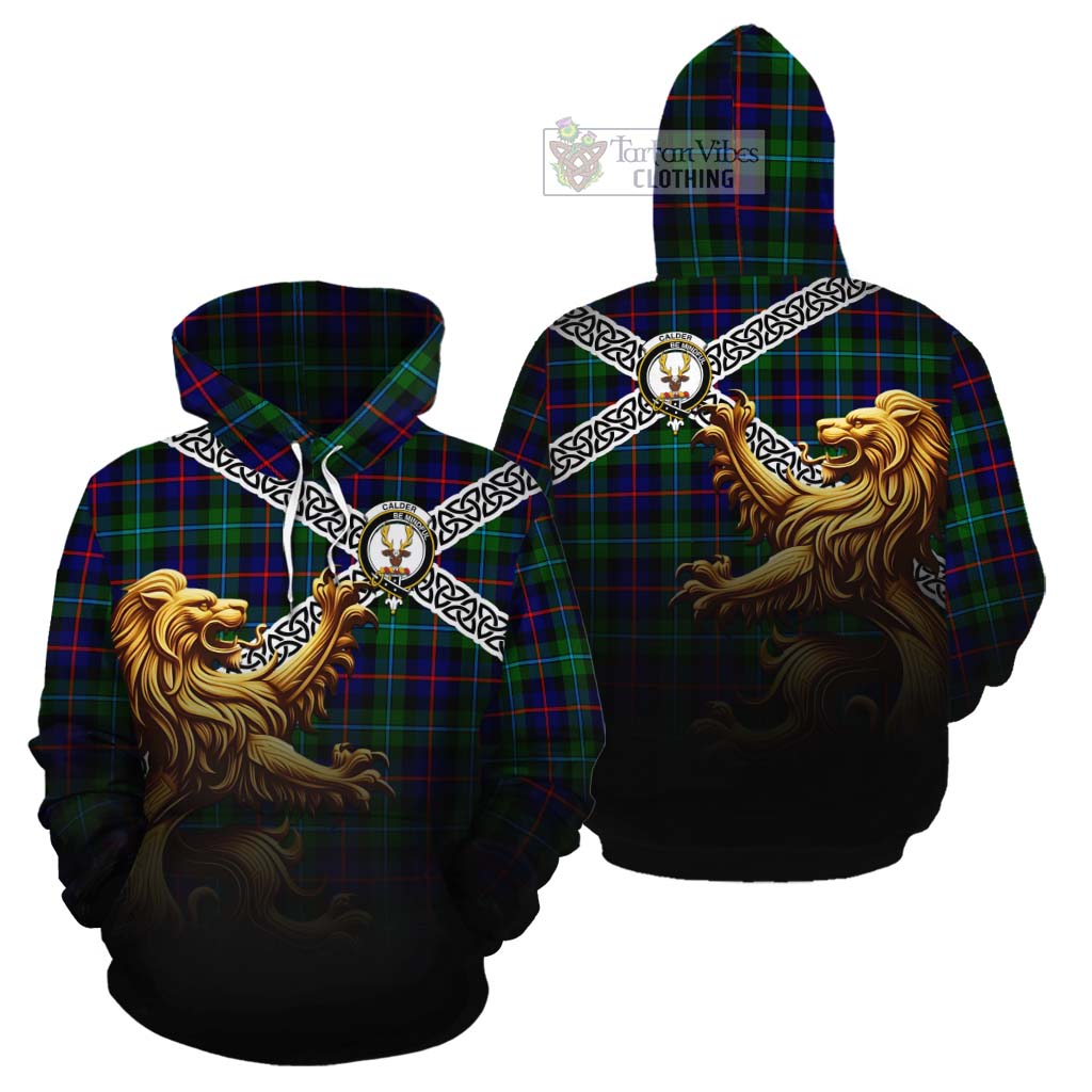 Tartan Vibes Clothing Calder Crest Tartan Cotton Hoodie with Golden Lion Emblem Celtic Style