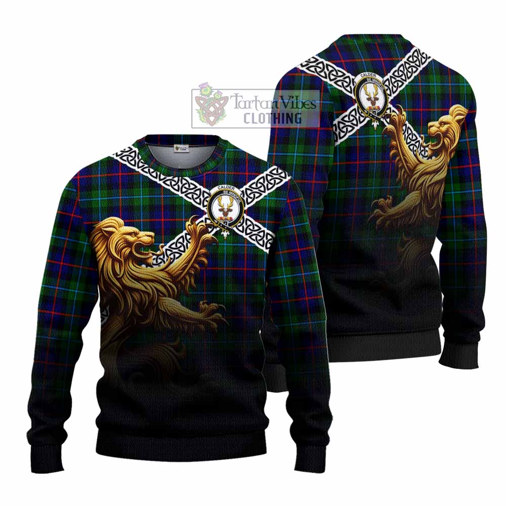 Calder Crest Tartan Knitted Sweater with Golden Lion Emblem Celtic Style - Tartan Vibes Clothing