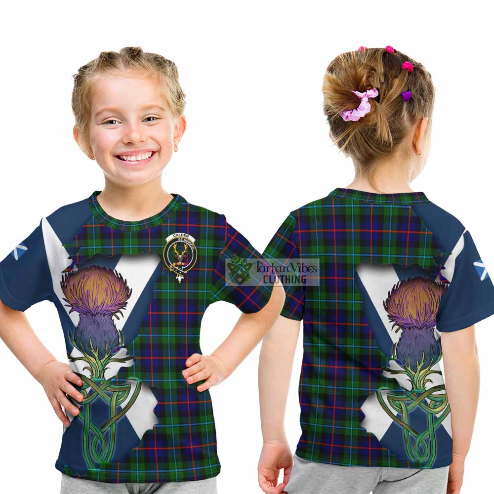 Tartan Vibes Clothing Calder Tartan Family Crest Kid T-Shirt Scottish Thistle Celtic Inspired