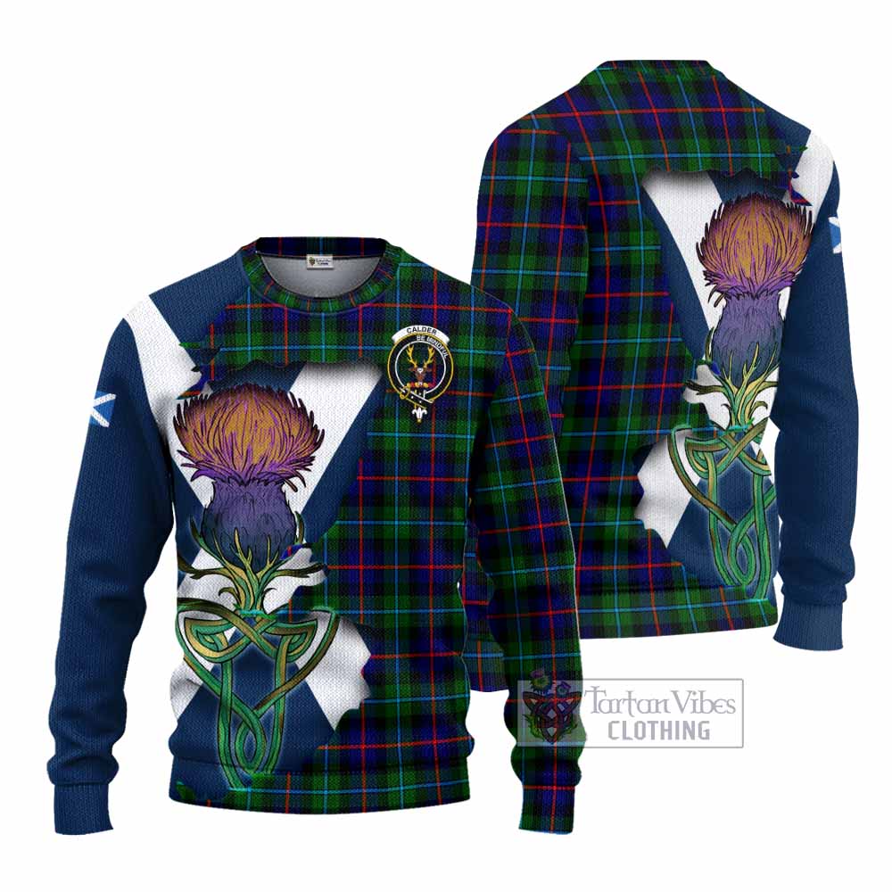 Tartan Vibes Clothing Calder Tartan Family Crest Knitted Sweater Scottish Thistle Celtic Inspired