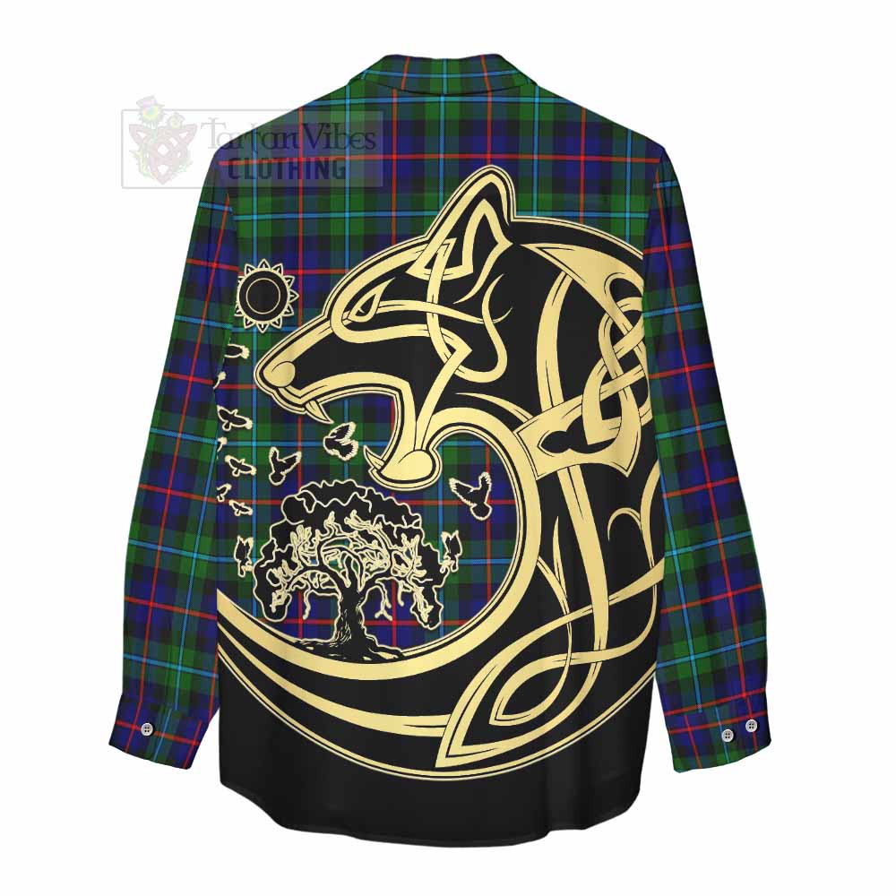 Calder Tartan Women's Casual Shirt with Family Crest Celtic Wolf Style - Tartan Vibes Clothing