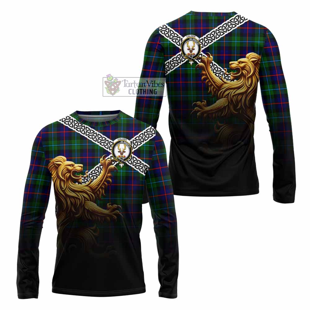 Calder Crest Tartan Long Sleeve T-Shirt with Golden Lion Emblem Celtic Style - Tartan Vibes Clothing