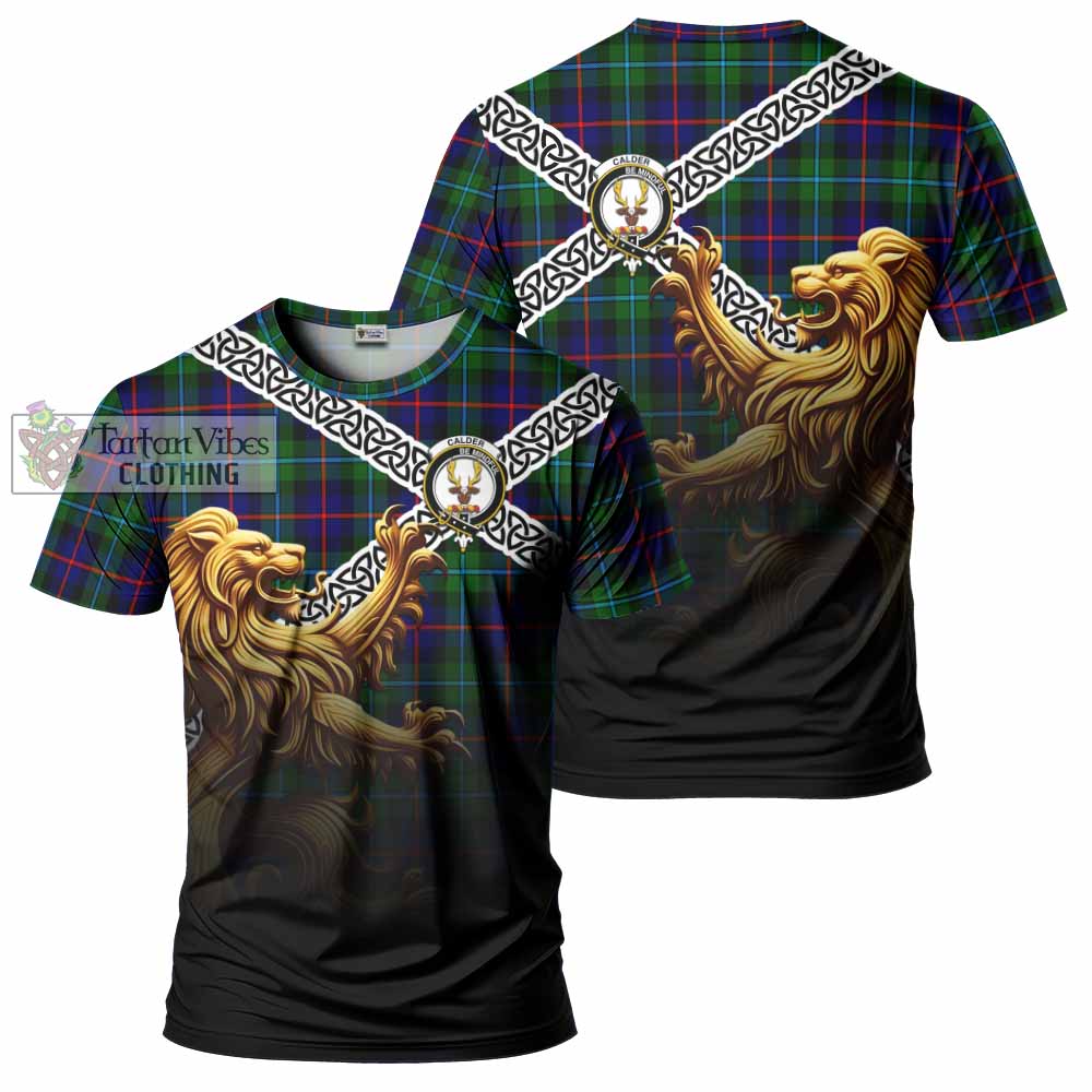 Calder Crest Tartan T-Shirt with Golden Lion Emblem Celtic Style - Tartan Vibes Clothing