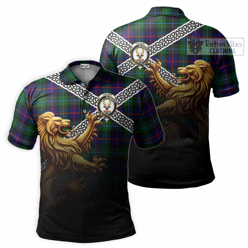 Tartan Vibes Clothing Calder Crest Tartan Polo Shirt with Golden Lion Emblem Celtic Style