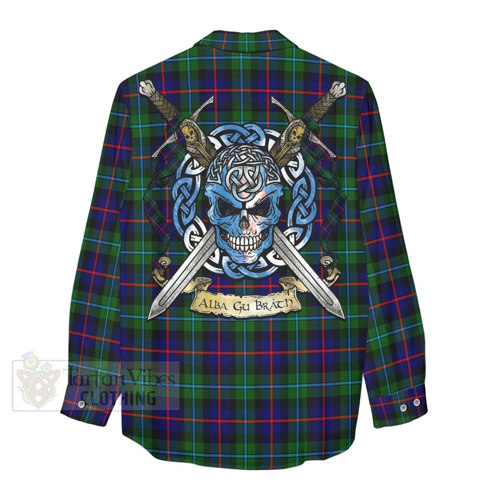Calder Tartan Women's Casual Shirt with Family Crest Celtic Skull Style - Tartan Vibes Clothing
