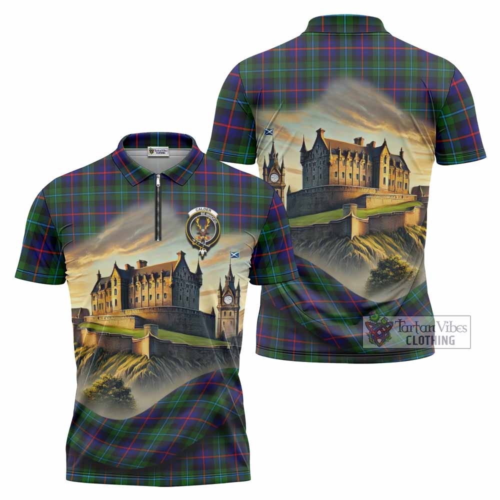 Calder Tartan Family Crest Zipper Polo Shirt with Scottish Ancient Castle Style - Tartan Vibes Clothing