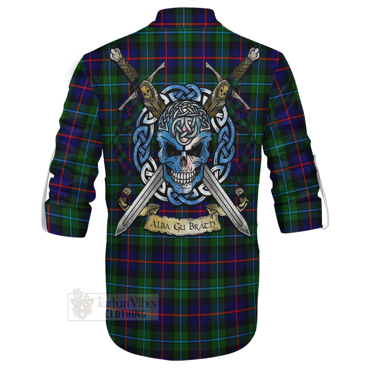 Tartan Vibes Clothing Calder Tartan Ghillie Kilt Shirt with Family Crest Celtic Skull Style