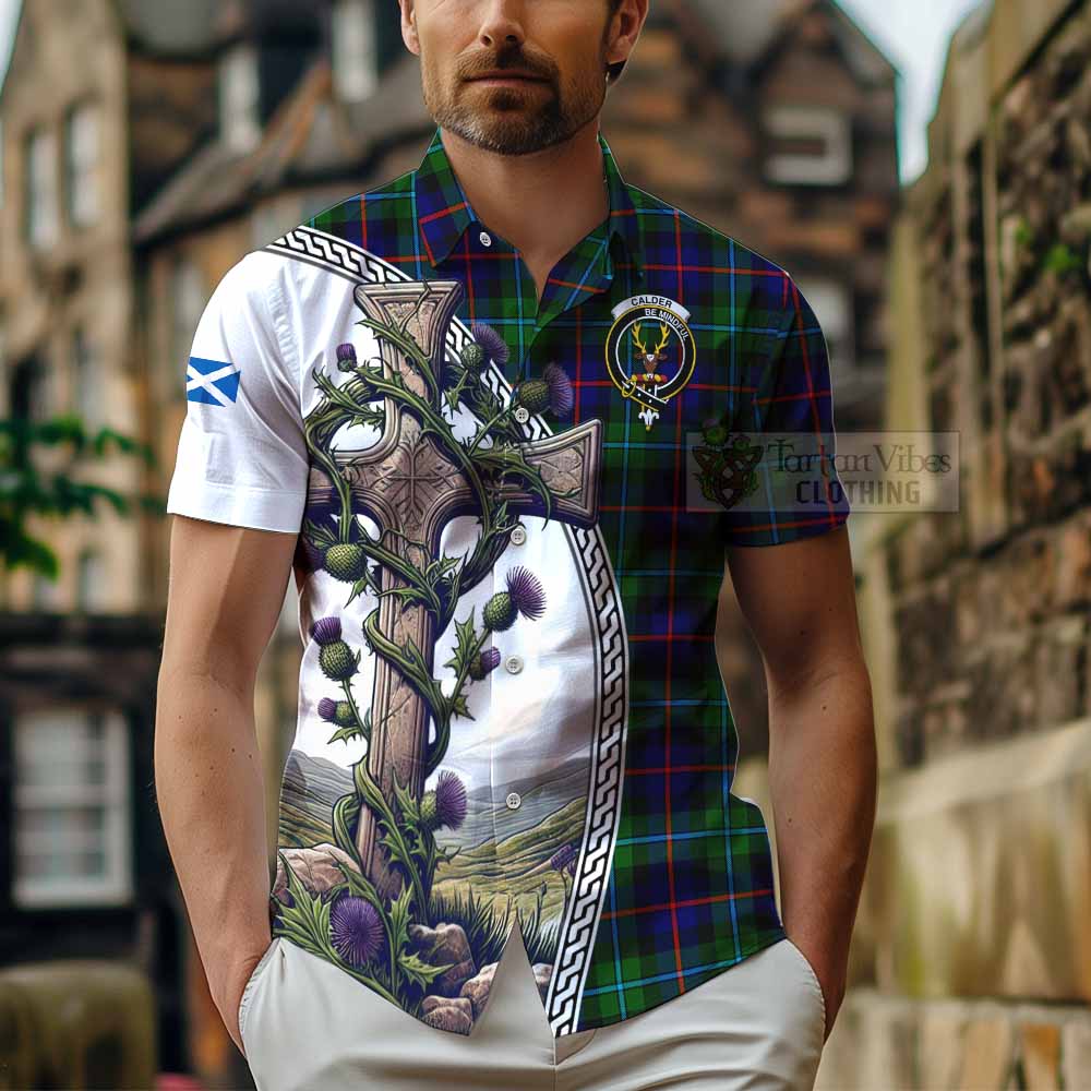 Tartan Vibes Clothing Calder Tartan Short Sleeve Button Shirt with Family Crest and St. Andrew's Cross Accented by Thistle Vines