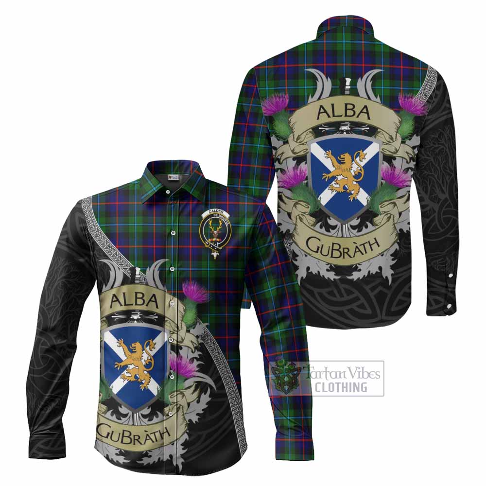 Calder Tartan Family Crest Long Sleeve Button Shirt Lion Rampant Royal Thistle Shield Celtic Inspired - Tartan Vibes Clothing