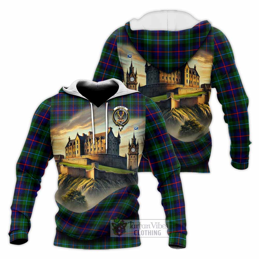 Tartan Vibes Clothing Calder Tartan Family Crest Knitted Hoodie with Scottish Ancient Castle Style