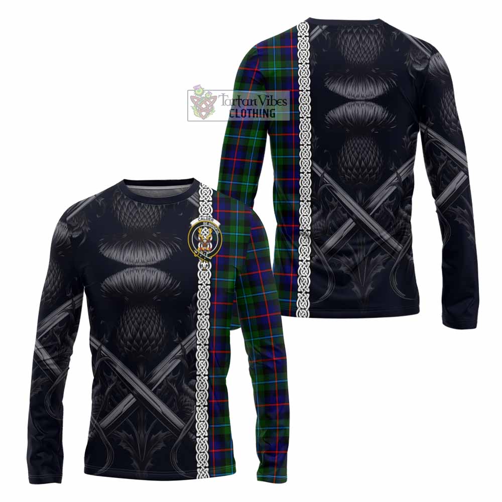 Calder Tartan Long Sleeve T-Shirt with Family Crest Cross Sword Thistle Celtic Vibes - Tartan Vibes Clothing