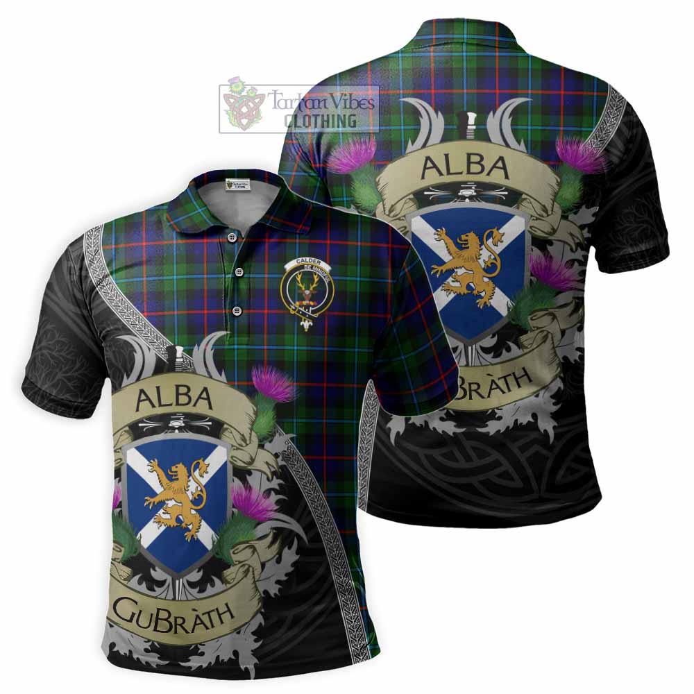 Tartan Vibes Clothing Calder Tartan Family Crest Polo Shirt Lion Rampant Royal Thistle Shield Celtic Inspired