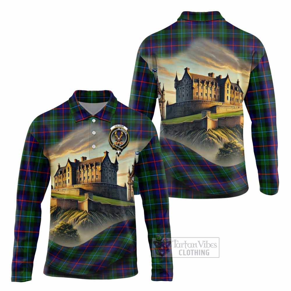 Calder Tartan Family Crest Long Sleeve Polo Shirt with Scottish Ancient Castle Style - Tartan Vibes Clothing