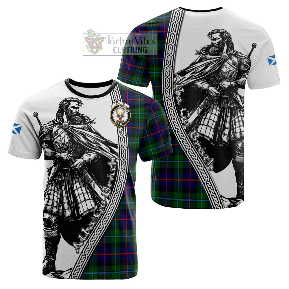 Calder Tartan Clan Crest Cotton T-shirt with Highlander Warrior Celtic Style - Tartan Vibes Clothing