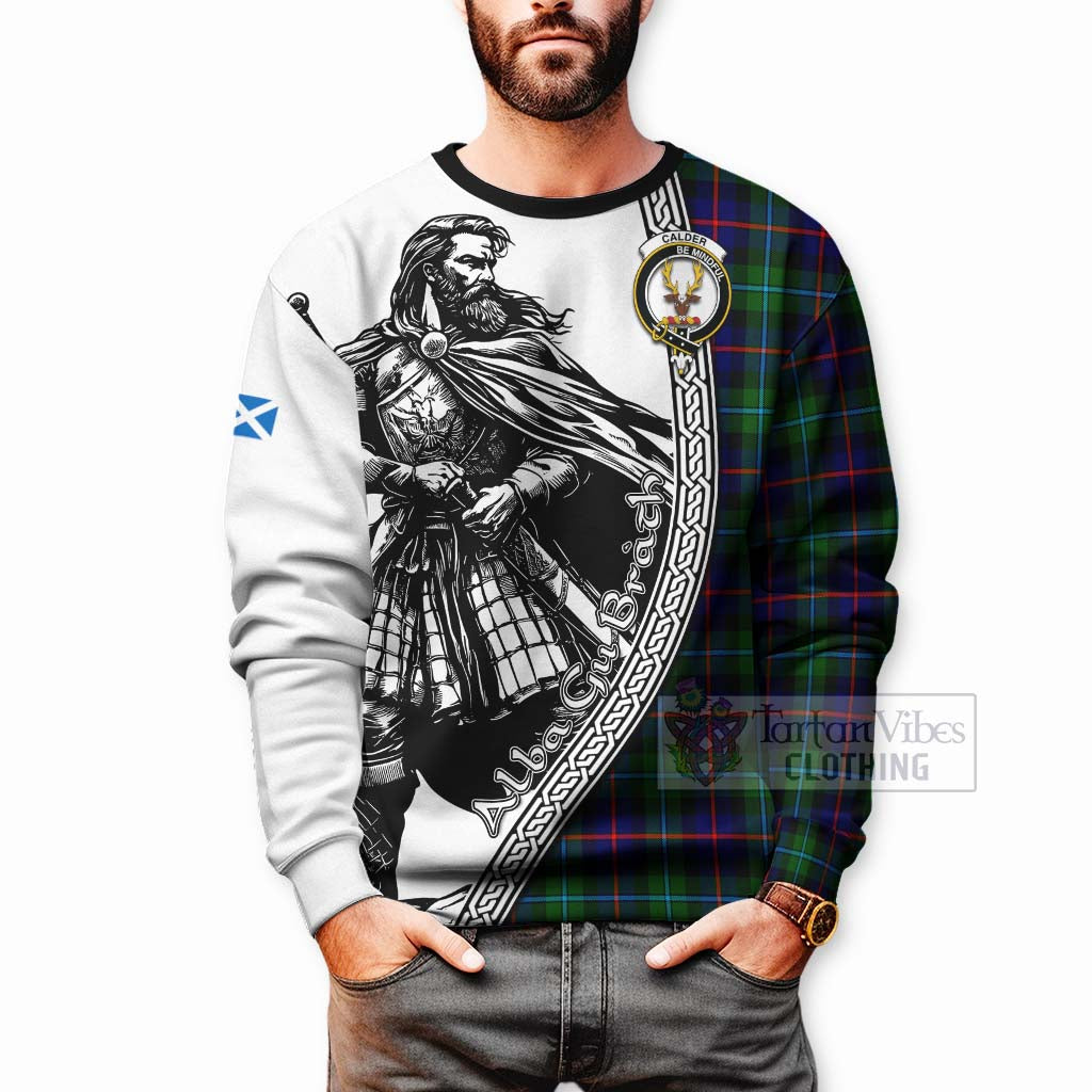 Calder Tartan Clan Crest Sweatshirt with Highlander Warrior Celtic Style - Tartan Vibes Clothing