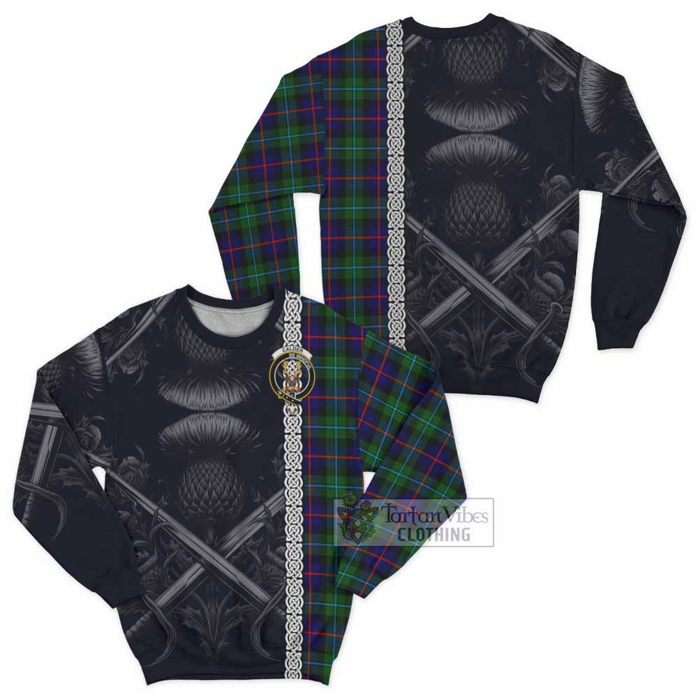 Calder Tartan Sweatshirt with Family Crest Cross Sword Thistle Celtic Vibes - Tartan Vibes Clothing