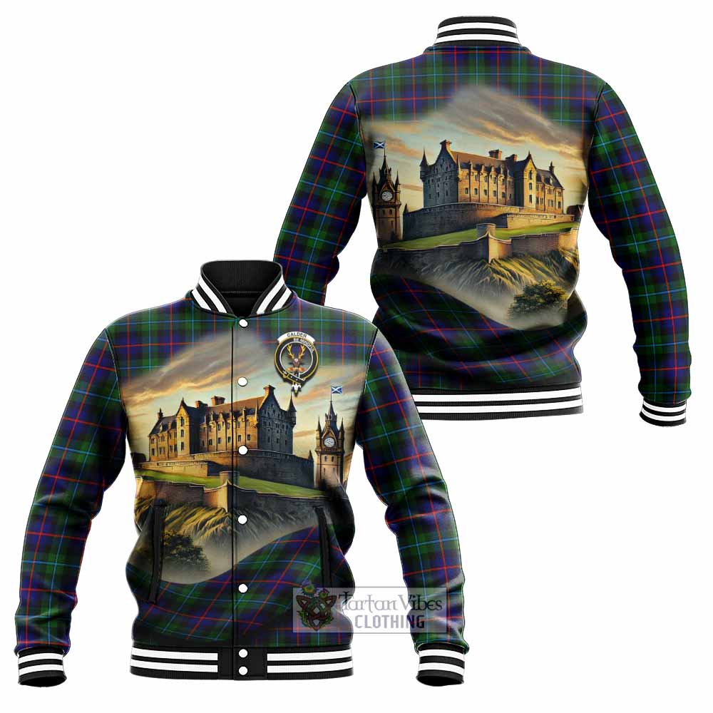 Calder Tartan Family Crest Baseball Jacket with Scottish Ancient Castle Style - Tartan Vibes Clothing