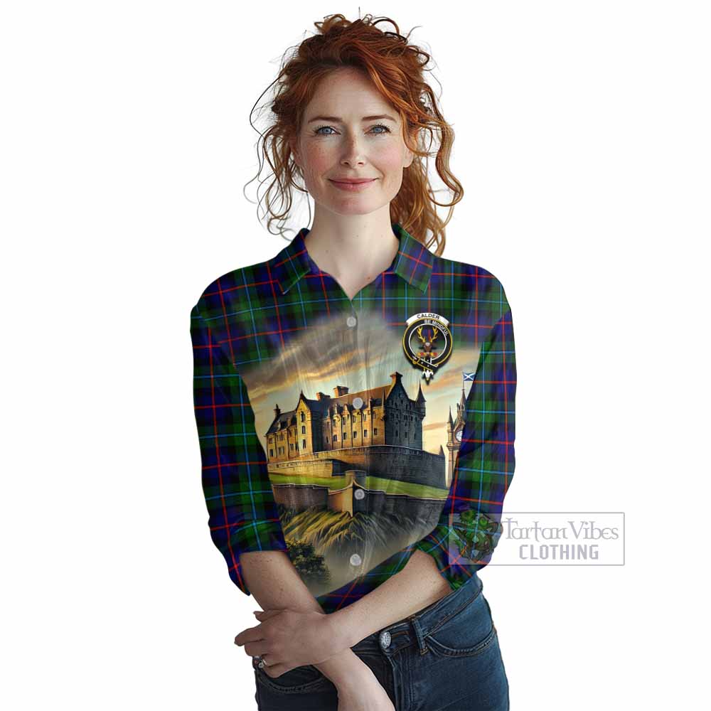 Calder Tartan Family Crest Women's Casual Shirt with Scottish Ancient Castle Style - Tartan Vibes Clothing