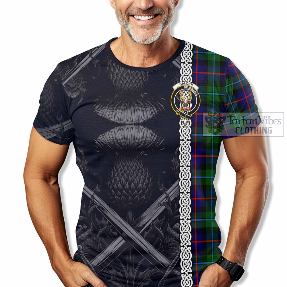 Calder Tartan T-Shirt with Family Crest Cross Sword Thistle Celtic Vibes - Tartan Vibes Clothing