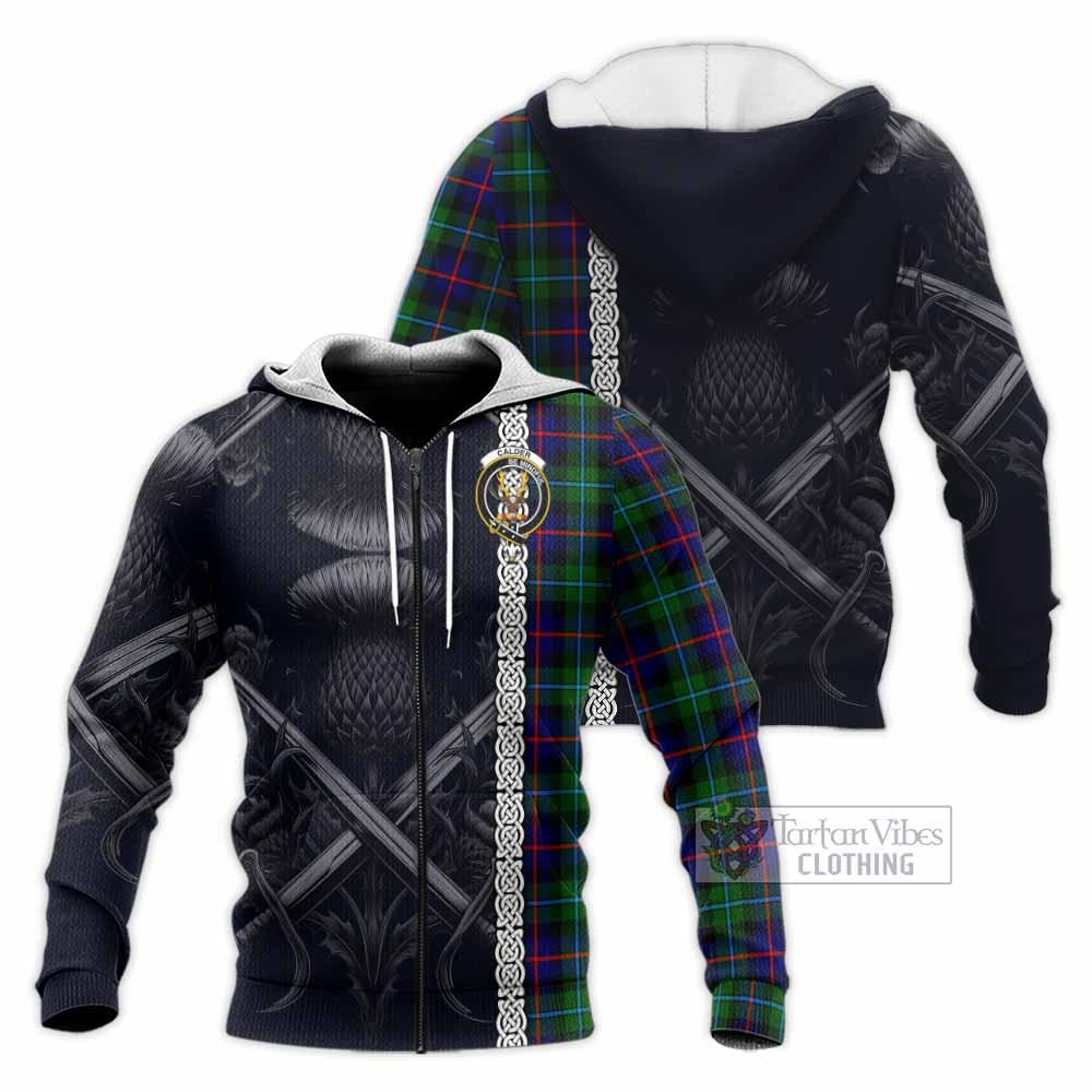 Tartan Vibes Clothing Calder Tartan Knitted Hoodie with Family Crest Cross Sword Thistle Celtic Vibes