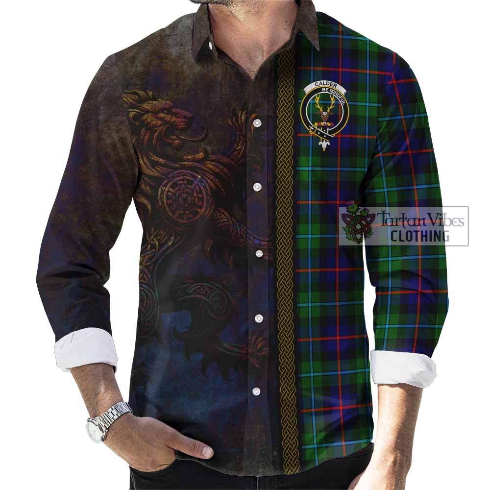 Tartan Vibes Clothing Calder Tartan Family Crest Long Sleeve Button Shirt Alba Gu Brath Be Brave Lion Ancient Style