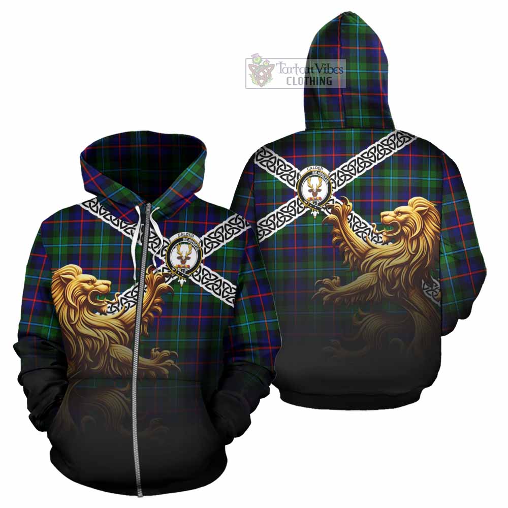 Calder Crest Tartan Hoodie with Golden Lion Emblem Celtic Style Zip Hoodie - Tartan Vibes Clothing