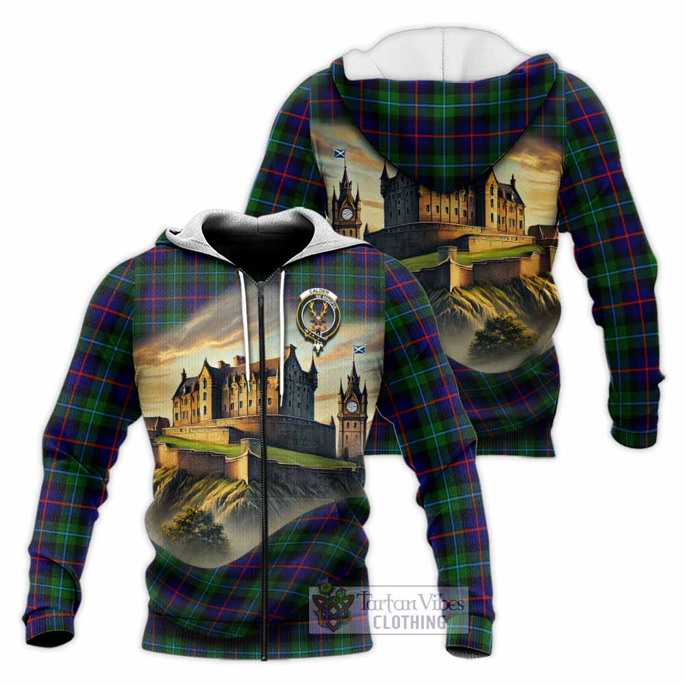 Tartan Vibes Clothing Calder Tartan Family Crest Knitted Hoodie with Scottish Ancient Castle Style