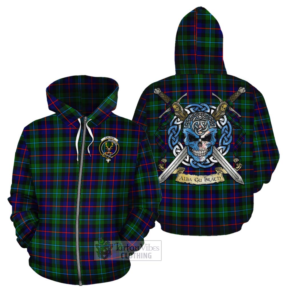 Calder Tartan Cotton Hoodie with Family Crest Celtic Skull Style - Tartan Vibes Clothing