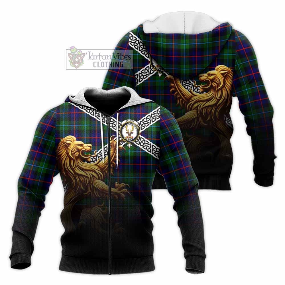 Tartan Vibes Clothing Calder Crest Tartan Knitted Hoodie with Golden Lion Emblem Celtic Style