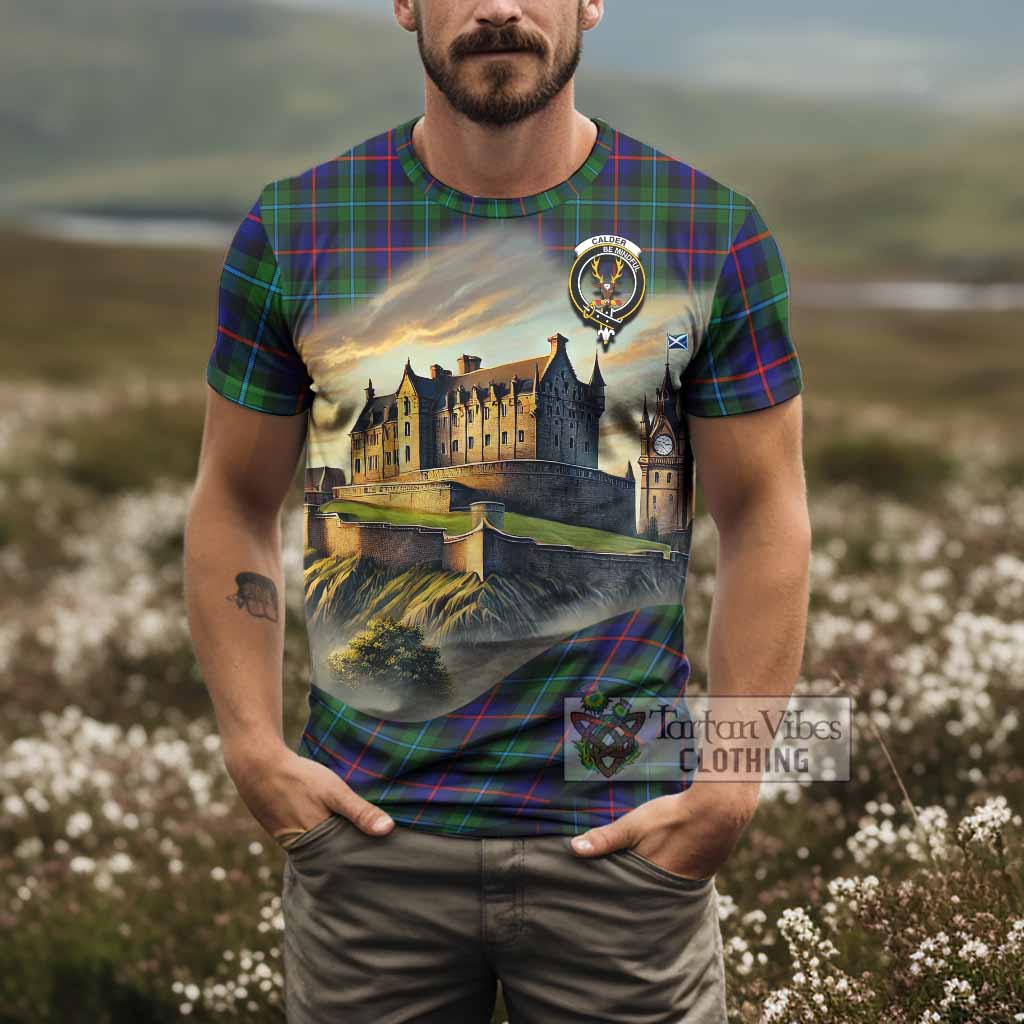 Calder Tartan Family Crest T-Shirt with Scottish Ancient Castle Style - Tartan Vibes Clothing