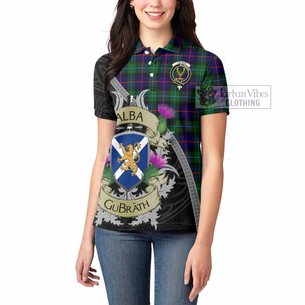 Tartan Vibes Clothing Calder Tartan Family Crest Women's Polo Shirt Lion Rampant Royal Thistle Shield Celtic Inspired