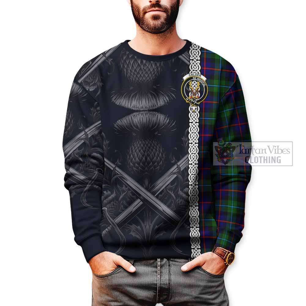 Calder Tartan Sweatshirt with Family Crest Cross Sword Thistle Celtic Vibes - Tartan Vibes Clothing