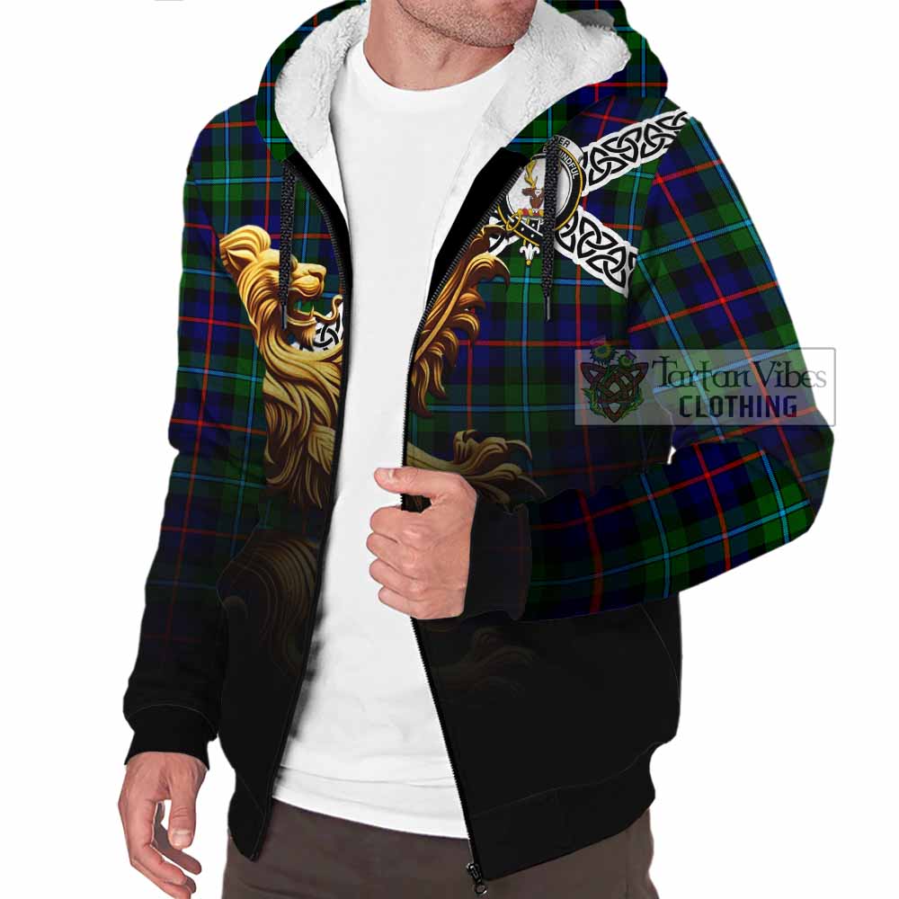 Tartan Vibes Clothing Calder Crest Tartan Sherpa Hoodie with Golden Lion Emblem Celtic Style