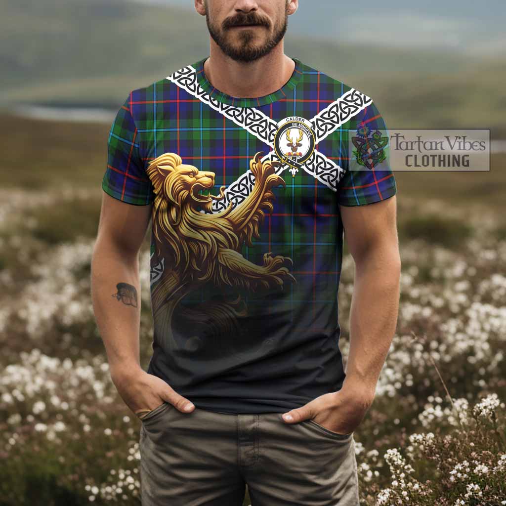 Calder Crest Tartan T-Shirt with Golden Lion Emblem Celtic Style - Tartan Vibes Clothing