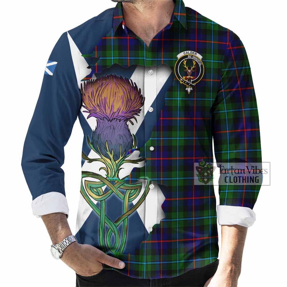 Tartan Vibes Clothing Calder Tartan Family Crest Long Sleeve Button Shirt Scottish Thistle Celtic Inspired